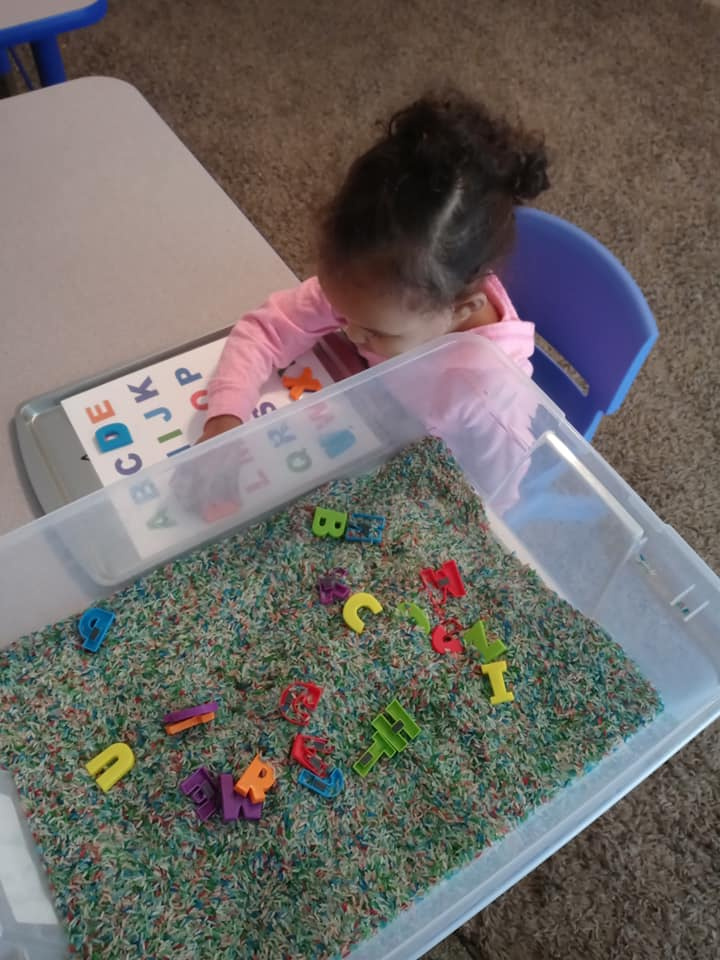 Rice Sensory Bin Letter Matching Activity