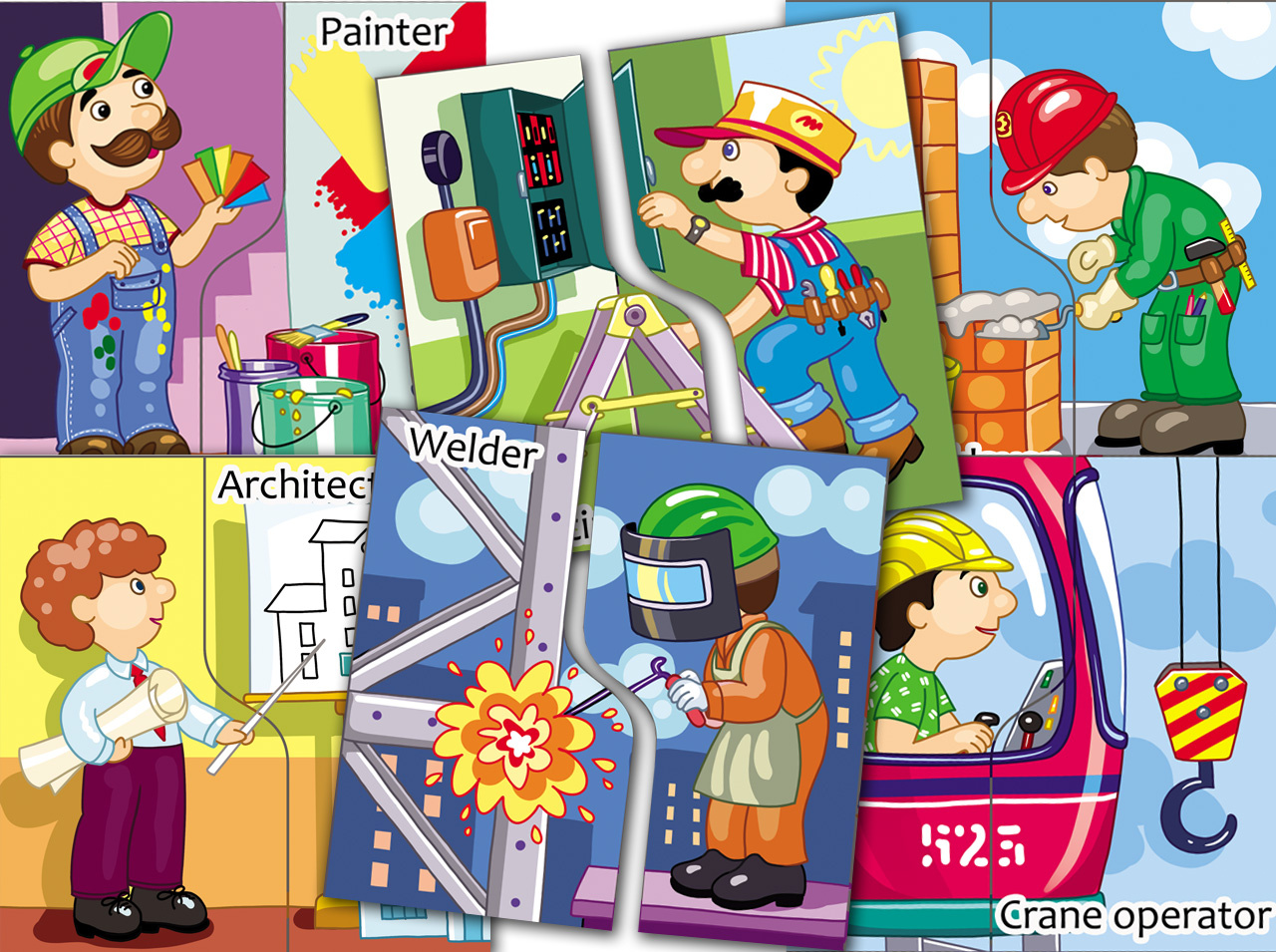 Community Helpers Illustrated Cards for Preschool Activities. Construction worker