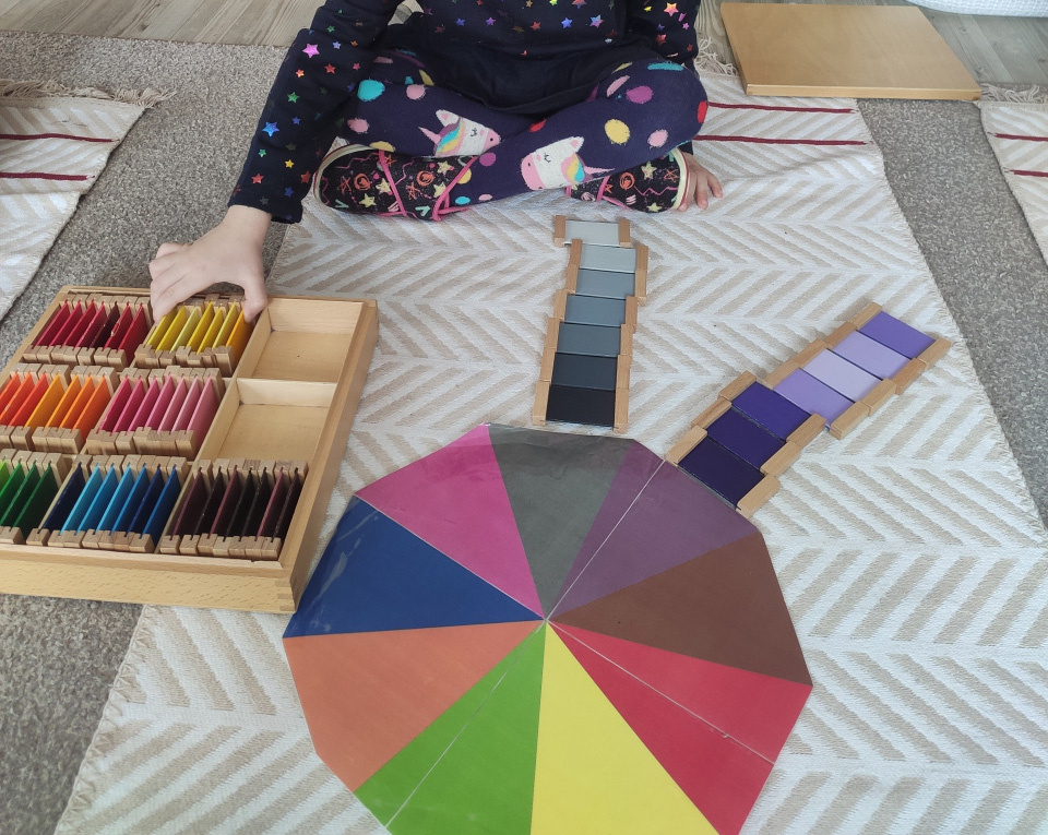 Montessori renk çarkı ile koyudan açık renge doğru sıralama çalışması