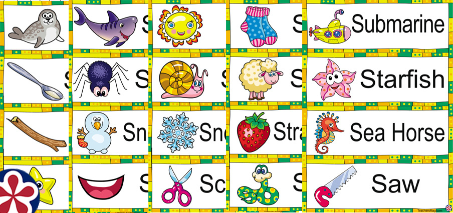 Letter S Words and Pictures Printable Cards