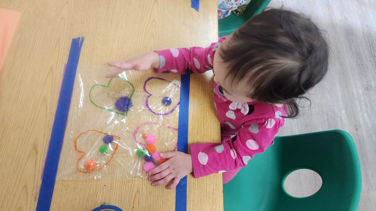 Valentines Day theme - Sorting pompom hearts by color - Sensory activity
