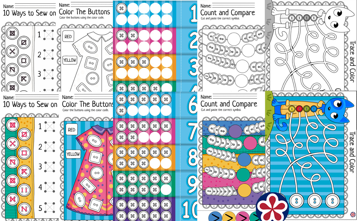 Free Printable Buttons Worksheets for Preschool and Kindergarten