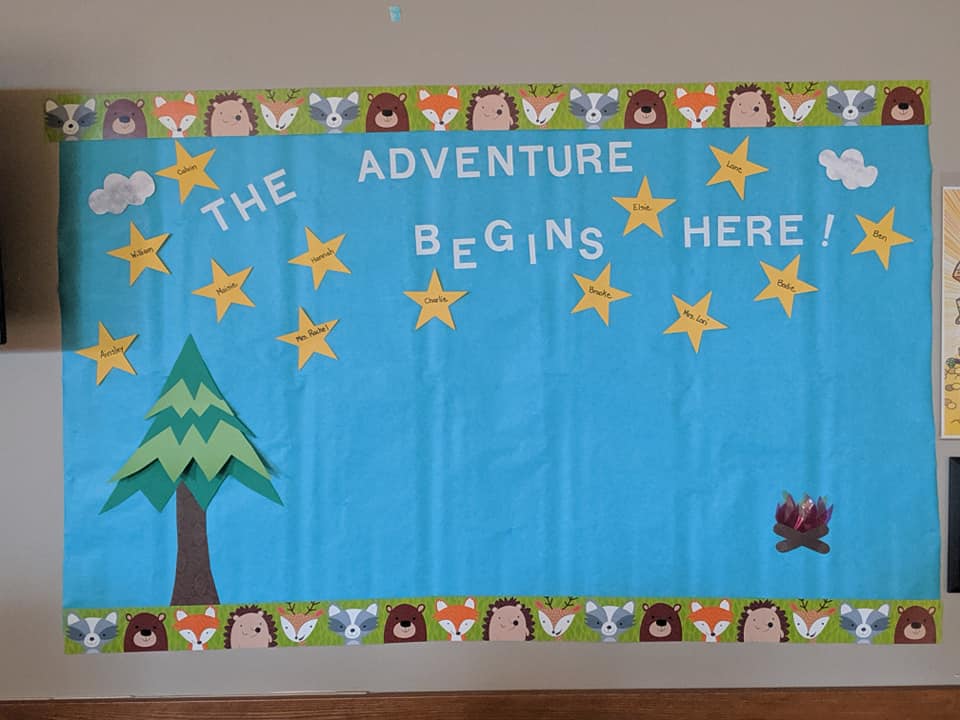 The Adventure Begins Here! Bulletin Board This bulletin board represents an exciting night-sky with student's names as the stars overlooking a quiet field with a tree and campfire. You can add more trees or anything else to such a scene that you like to make things extra-exciting!