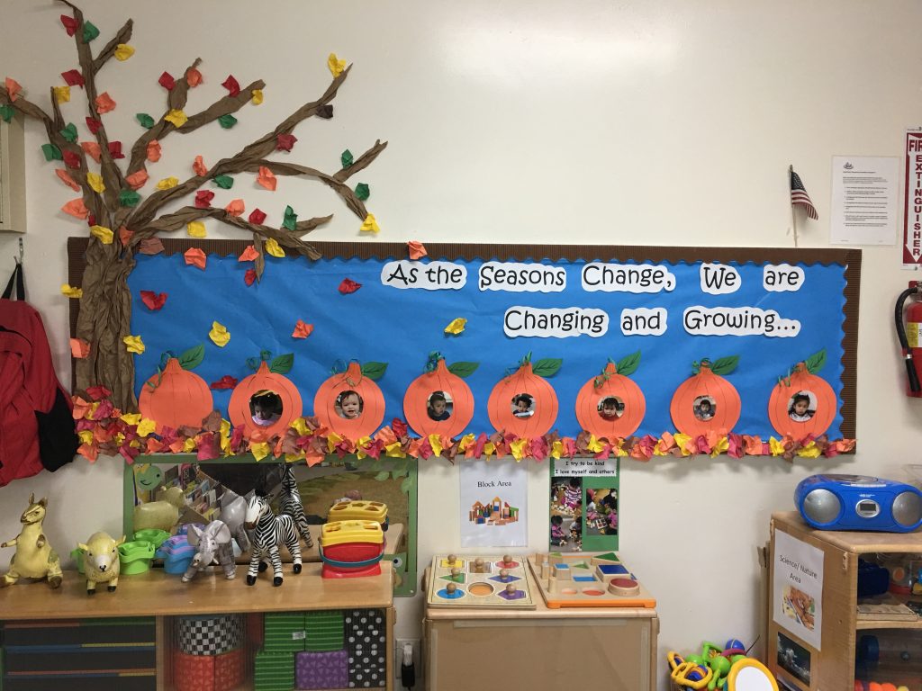 Here is my Fall Board at a toddlers’ classroom. By the way some of my twos had fun helping me squishing the colored papers (leaves on the board).