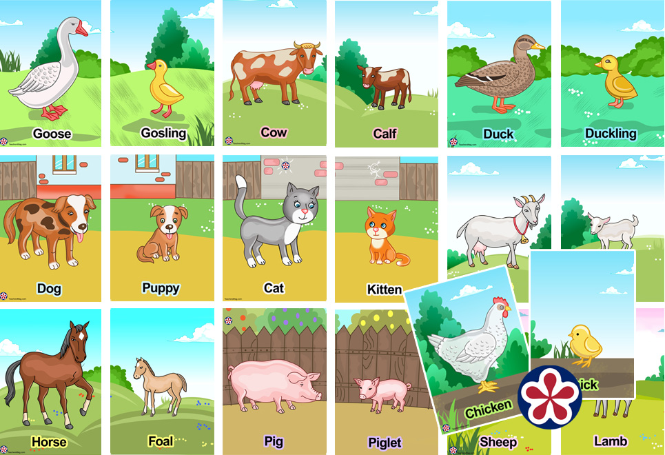Mom and Baby Card Matching Game with Farm Animals. 